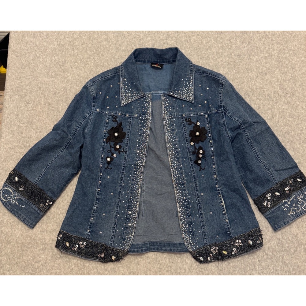 Lady Noiz Womens Medium Denim Jacket Rhinestone Embellished Floral Lace M Y2K